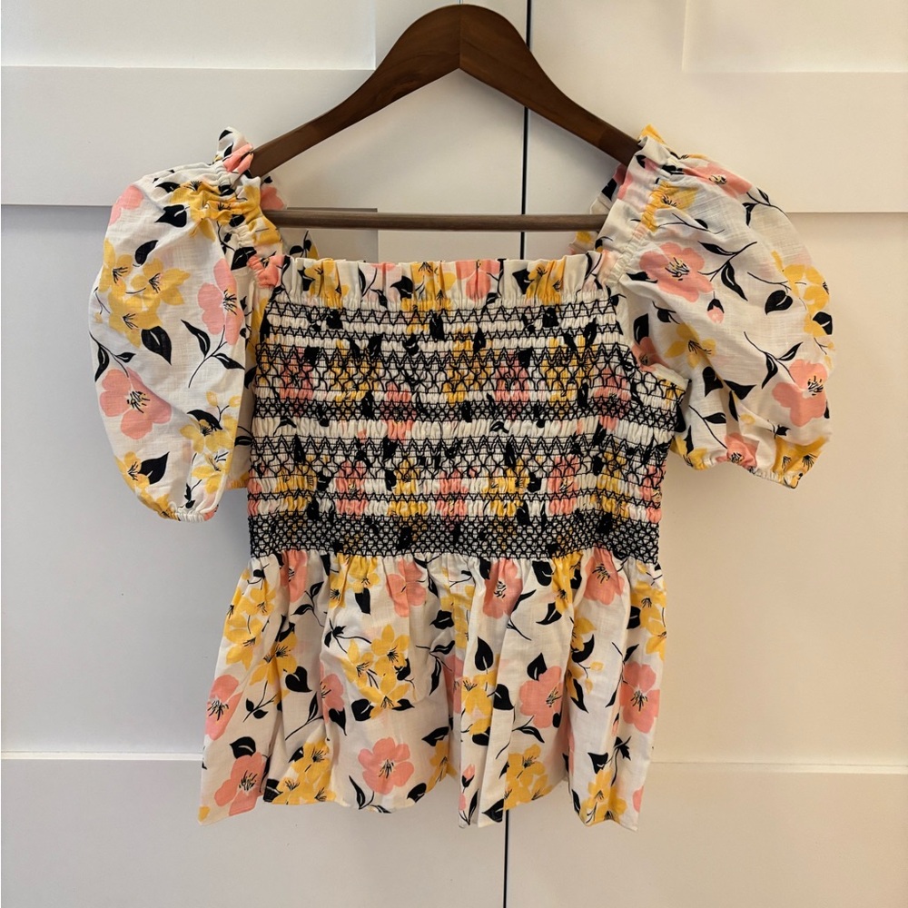 Kate Spade Floral Smocked Puff Sleeve Top